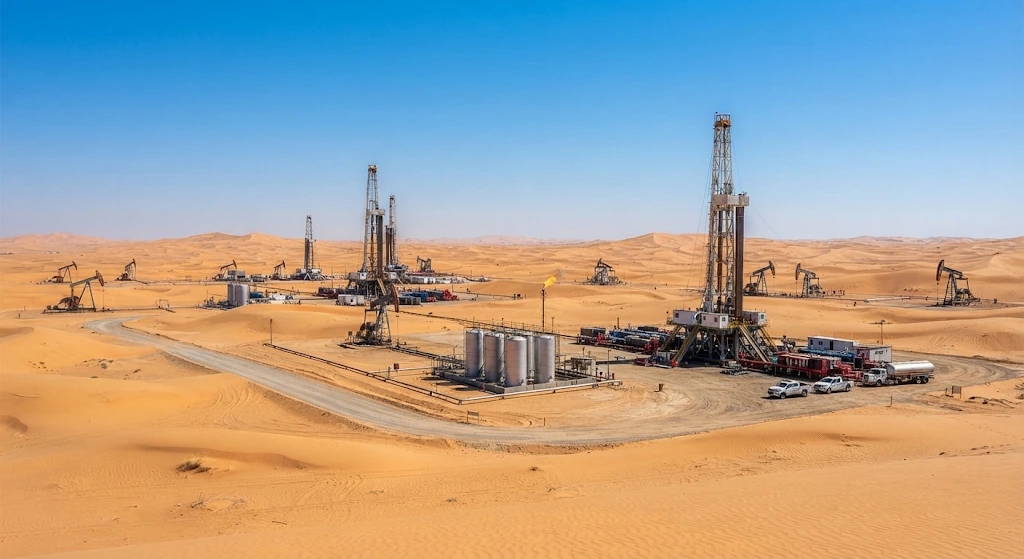 Installations de forage et pompes pétrolières au milieu des dunes
